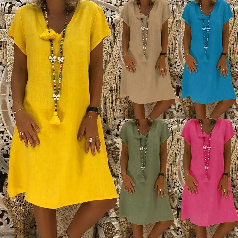 Богемное пляжное платье женский сарафан Харадзюку свободное хлопковое льняное платье средней длины с коротким рукавом и v-образным вырезом размера плюс 5XL желтое