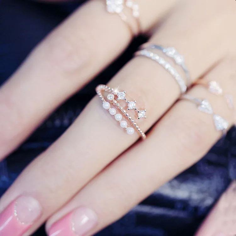 Регулируемое циркониевое кольцо с искусственным жемчугом новые кольца золотого цвета для женщин bijoux Трендовое ювелирное изделие милый подарок