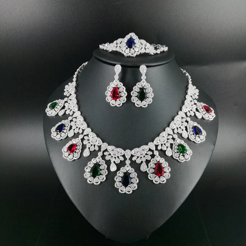 

2019 fashion water drop muti-color CZ zircon necklace earring bracelet ring wedding bridal banquet dinner dressing jewelry set