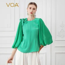 VOA Heavy Silk T Shirt Women Sweet Lantern Sleeve Ladies Tops 3D Print Pearl Beading Kawaii Tee Fall Mint Green Clothes B767 pearl beading kimono sleeve crushed velvet tee