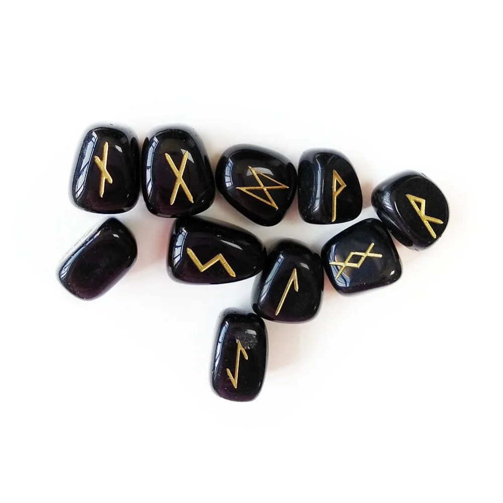 Billige 25 stücke Natürliche Fiel Schwarz Obsidian Quarz Rune Steine Set Gravierte Schriftzug Wiccan Pagan Amulette Nordic Rune und Kostenlose Beutel