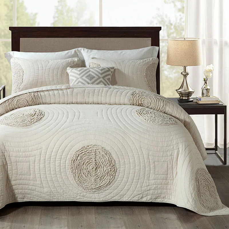 Solid Color Bedspread Quilt Set 3pcs Bedding Applique Cotton