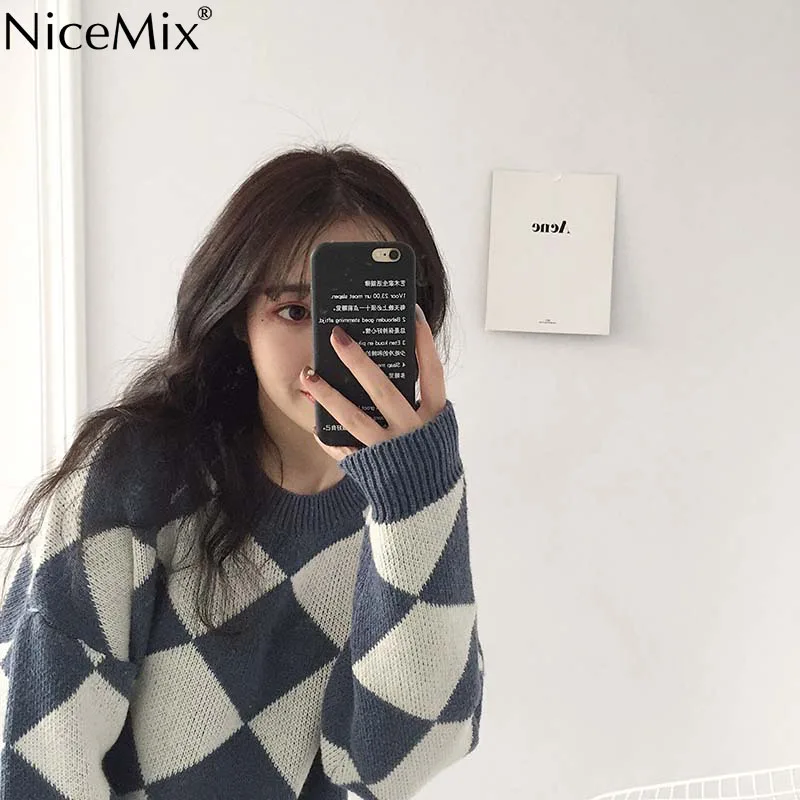 

NiceMix Casual Plaid Sweater Women Pullover Winter Clothes O-neck Knitted Jumper Jersey Mujer Pull Hiver Femme 2019