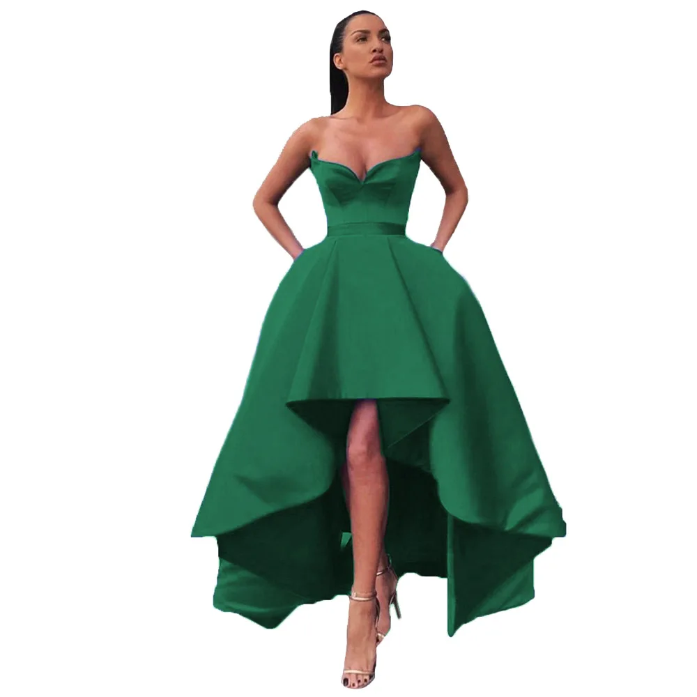 HONGFUYU Элегантное Длинное милое атласное выходные платья без рукавов Hi-Lo Вечернее Бальное Платье с карманами официальные платья, платья - Цвет: Зеленый