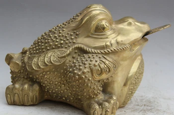 

USPS to USA S2278 20" Chinese Brass Folk Feng Shui Wealth Golden Toad Spittor Statue sculpture