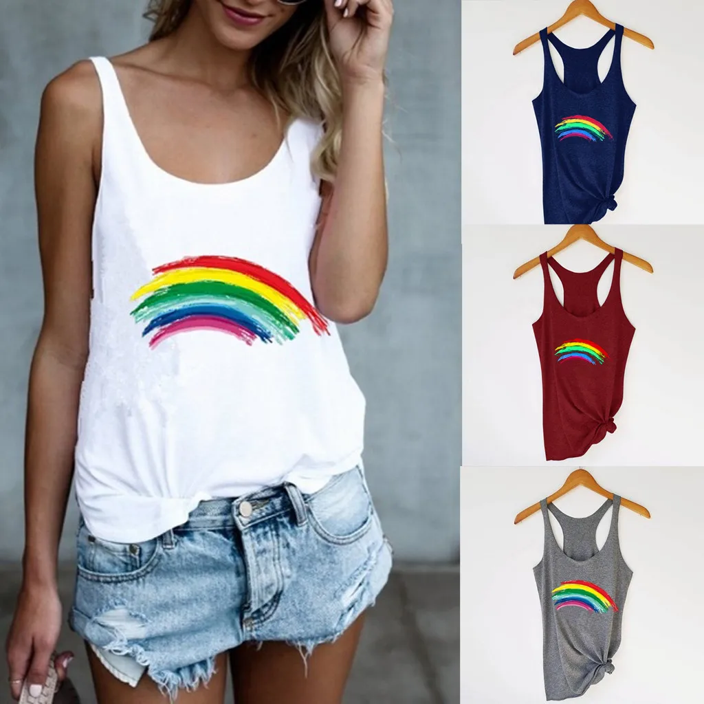 

Fashion Rainbow Printed Tank Tops Summer Loose Casual Vest 2019 New Drop Shipping