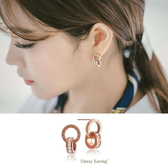 YUNRUO Cubic Zirconia Roman Number Earring Titanium Steel Rose Gold Plated Jewelry Woman Fashion font b
