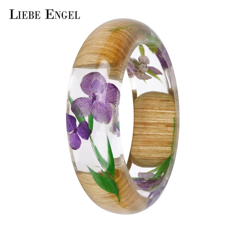 LIEBE ENGEL NEW Charm Wood Resin Bangle Bracelet With Real Dried Flower Cuff Love Bracelet For Women Indian Jewelry Handmade