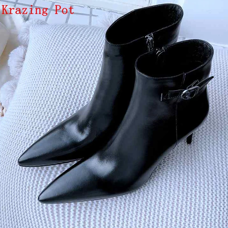 

Krazing Pot 2018 genuine leather high heels pointed toe metal buckle fasteners banquet office lady dinner party ankle boots L83