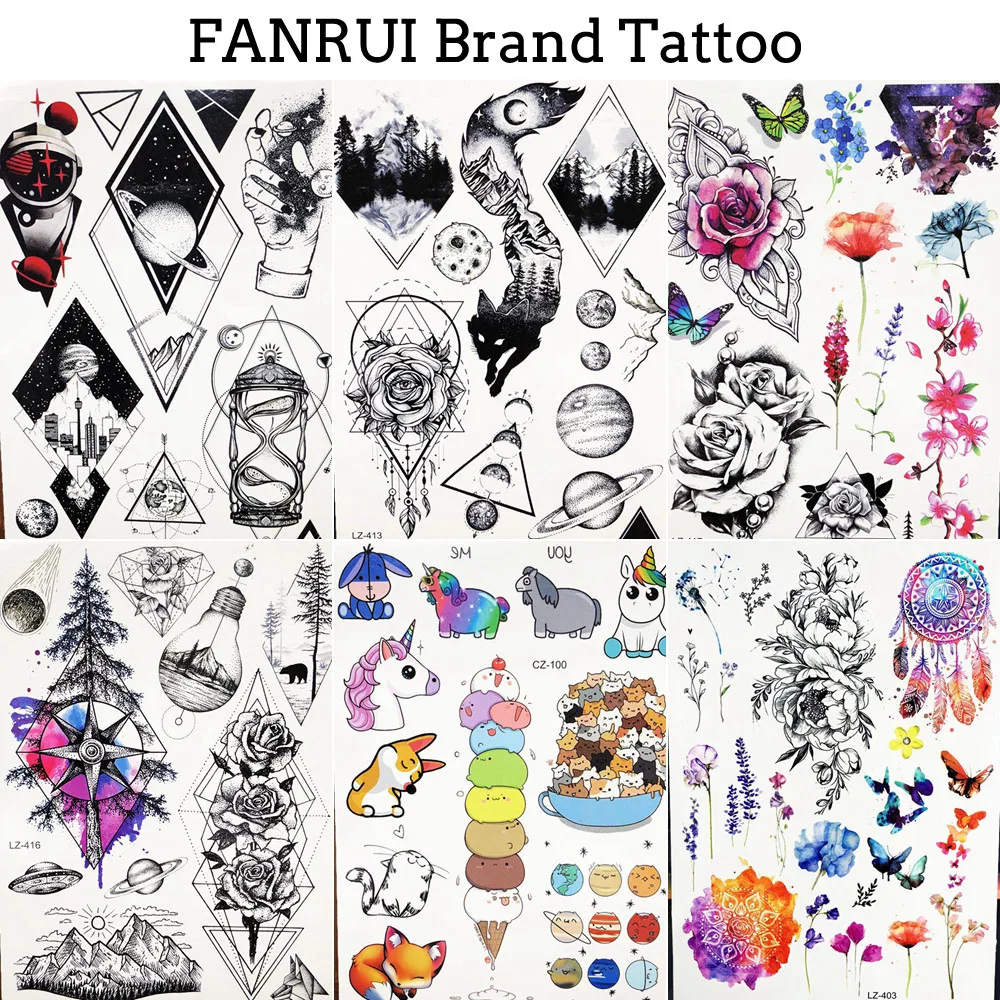 

Временные геометрические татуировки FANRUI, наклейки для мужчин и женщин, водостойкие татуировки с цветами, Детские Мультяшные татуировки с единорогом, рождественский подарок для детей