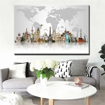 

Modern World Famous Buildings Canvas Painting Big Ben Pyramids Map Print Poster Canvas Art Wall Picture Home Decor Frameless