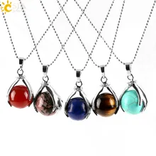 CSJA Naturale della Sfera Rotonda Gemma Perline di Pietra di Colore Argento Mani Palmo Collane Pendenti con gemme e perle Reiki Chakra Guarigione Donne Degli Uomini Dei Monili E452