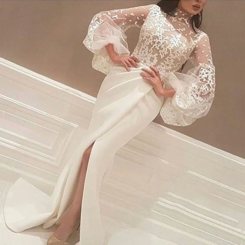 

White Muslim Evening Dresses 2019 Mermaid High Collar 3/4 Sleeves Lace Slit Islamic Dubai Saudi Arabic Long Evening Gown Prom