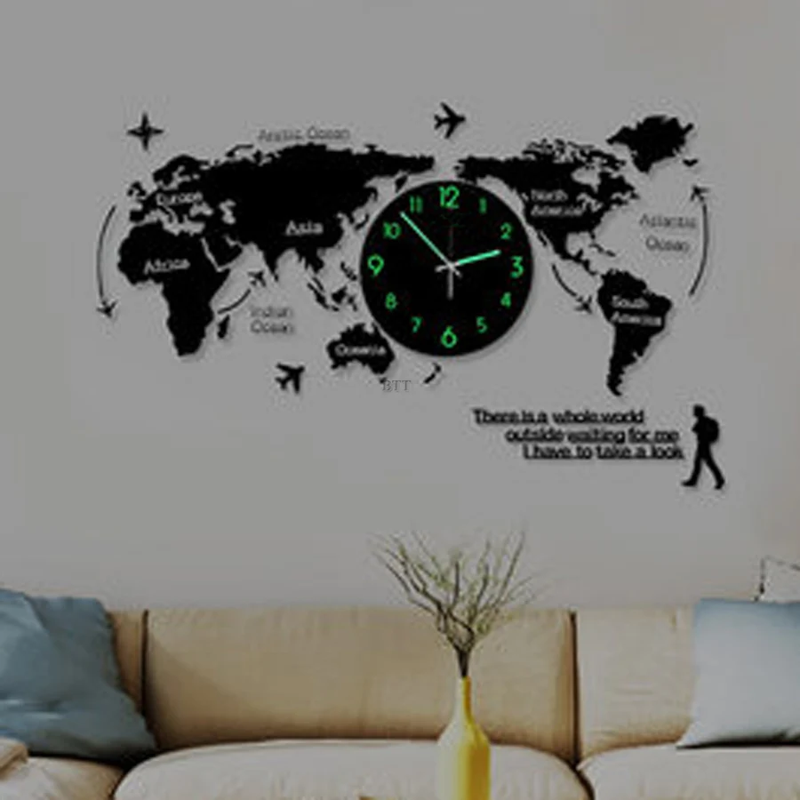 

Large World Map Wall Clock Modern Design for Living Room Glow in Dark Acrylic Clocks Stickers Wall Watches Clock