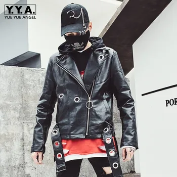 

Men Bar DJ Faux Leather Outwear Jacket Casual Streetwear Loose Fit Belted Motorcycle Biker Windproof Leather Jacket Man Coats
