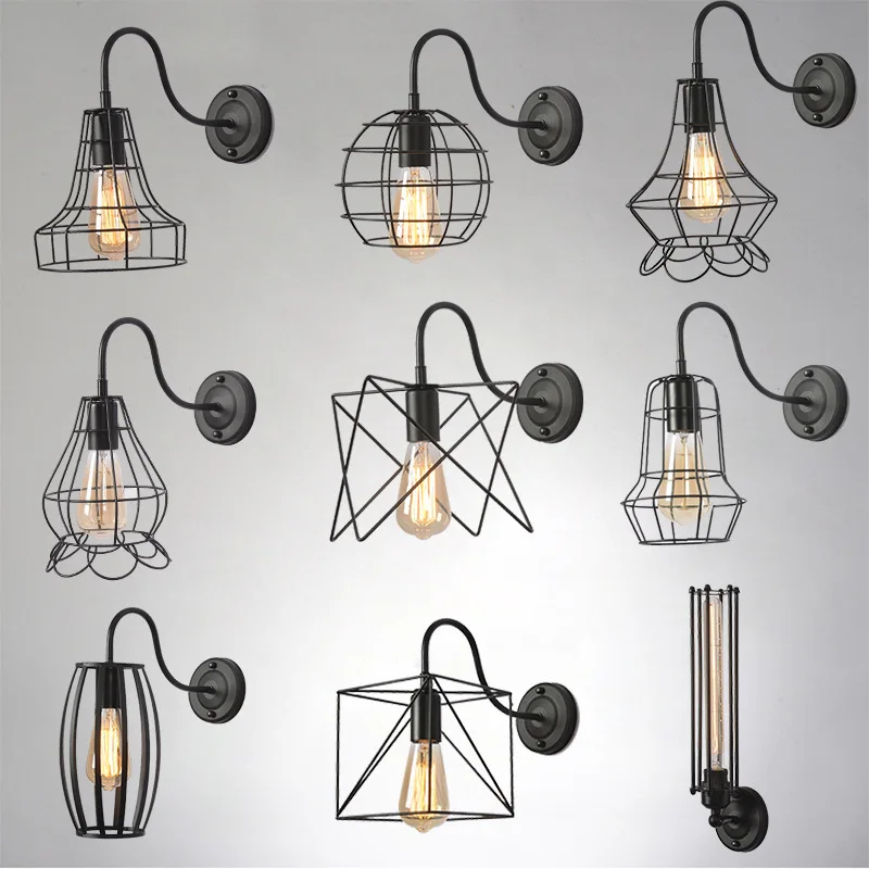 

BOKT Retro Industrial Black Metal Wall Light Single 1-light Edison Vintage Rustic Cage Lampshade Wall Sconce Loft Home Decor