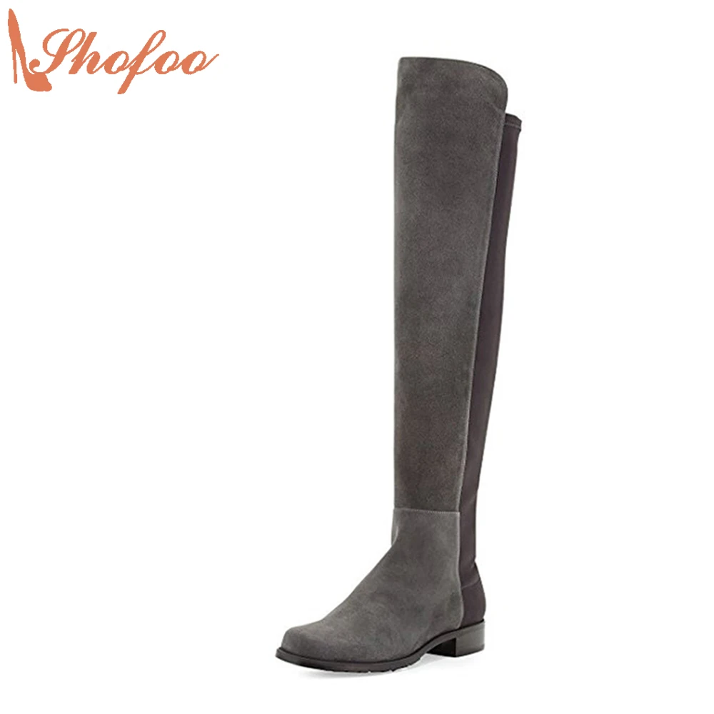 Shofoo Women Gray Round Toe Knee High Winter/Spring Boots Shoes Warm Woman Casual Med-Heels Botasy Botines De Mujer