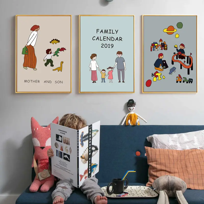 

Cartoon Figure Picture Sweet Home Decor Nordic Canvas Painting Wall Art Print Lovely Family Minimalist Painting for Living Room