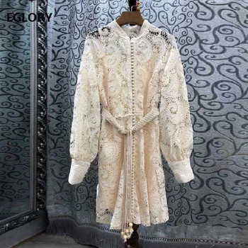

Vintage Retro Dress 2019 Autumn Fashion Long Sleeve Dress Women Allover Hollow Out Embroidery Tassel Belt Patchwork Casual Dress