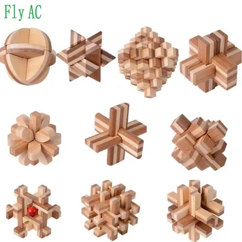 

10PCS/SET Big Size Design IQ Brain Teaser Kong Ming Lock 3D Wooden Interlocking Bamboo Puzzles Game Toy For Adults Kids
