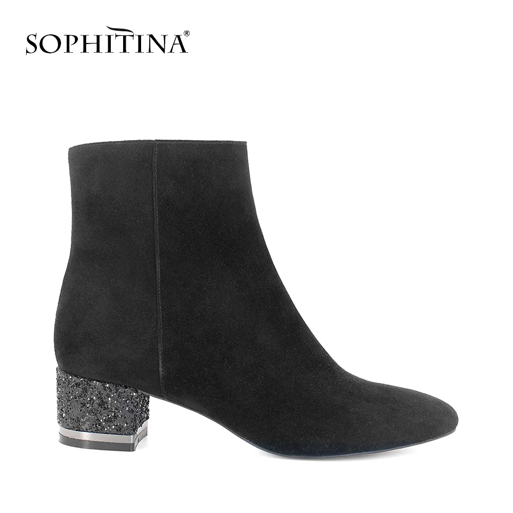 

SOPHITINA Ankle Boots 2018 New Arrival High Quality Black Kid Suede Leather Lady Boots Zip Round Toe Square Heel Woman Shoes B86