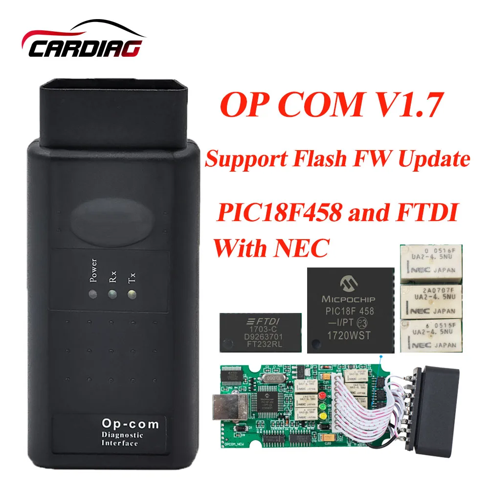 Высокое Качество OP COM V1.7 с PIC18F458 чип для Opel OBD2 COM/OPCOM шина сети локальных