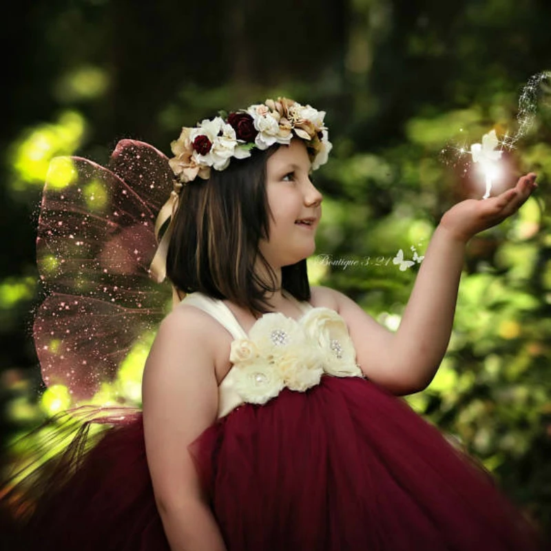 

POSH DREAM Vintage Wine Flower Girl Dress for Wedding Party Wine Red Fairy Flower Kids Girls Party Costume Tulle Girl Dress