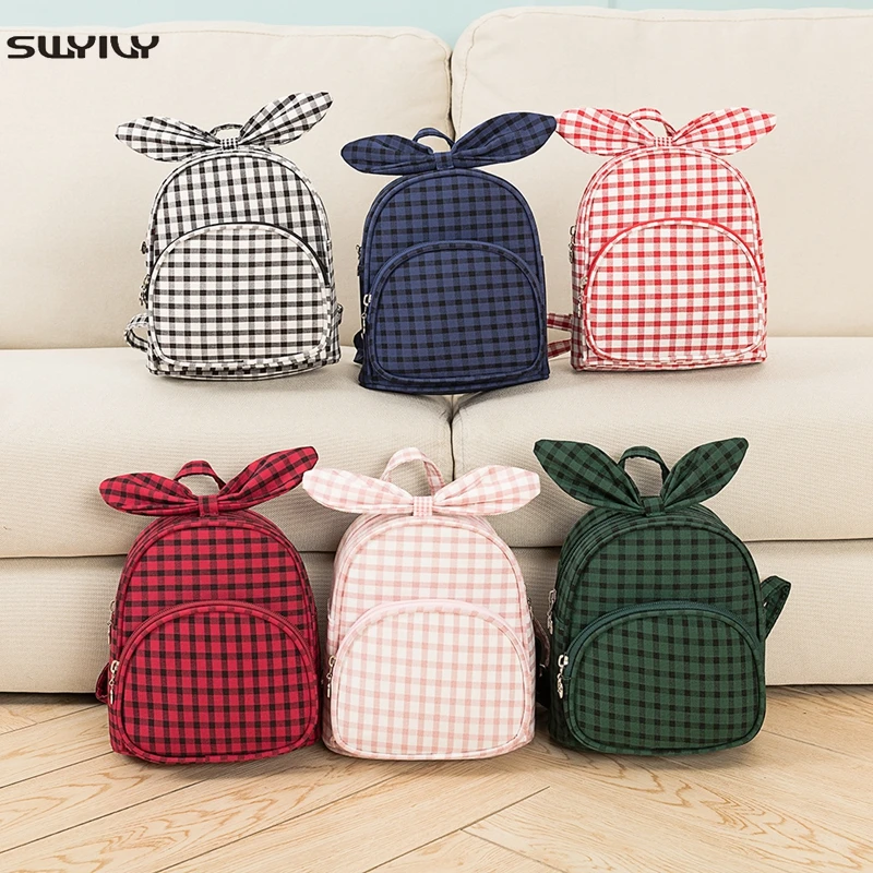 

SWYIVY Bagpack Children's School Bag Mini Backpack School Bags For Teenage Girls 2019 Plaid Rabbit Ear Schoolbag For Kids