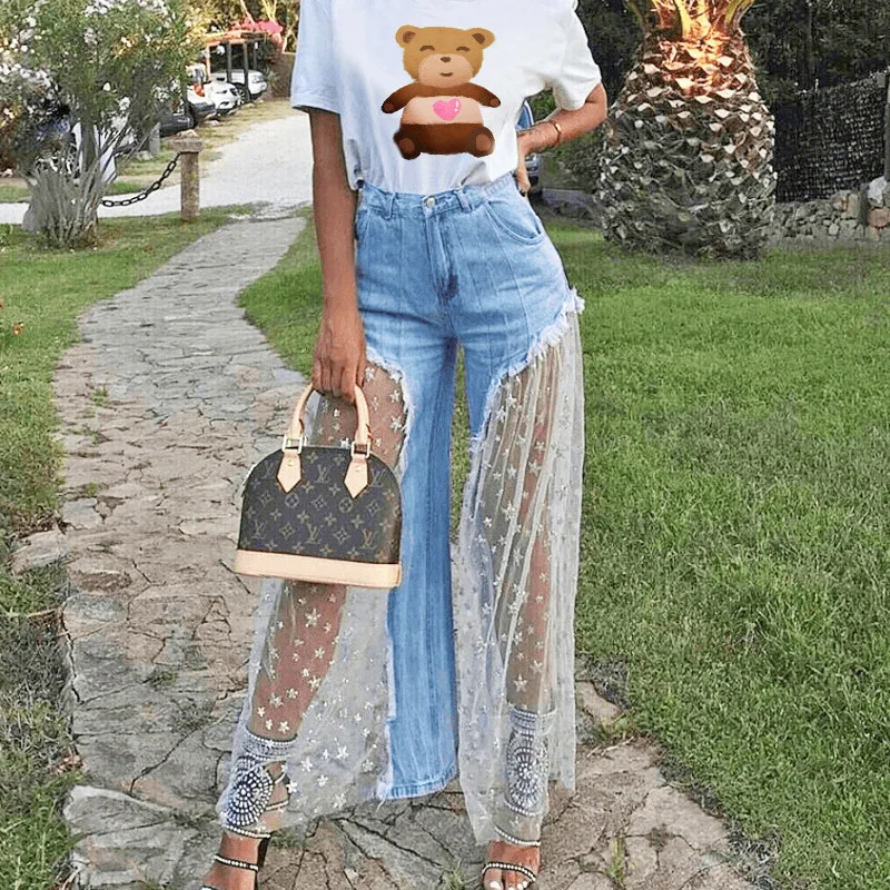 

2019 Summer Stylish Star Print Transparent Mesh Patchwork Wide Leg Casual Pants Women High Waist Capris Denim Sweat Trousers