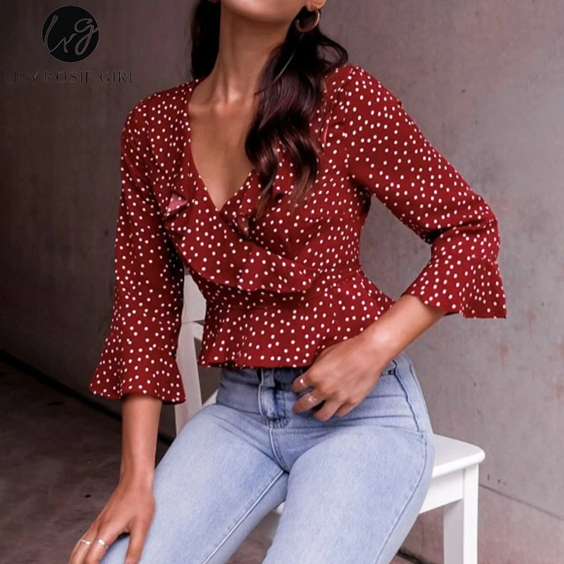 

Lily Rosie Girl V Neck Sexy Ruffles Blouse Shirt Long Sleeve Short Blusa Feminina Polka Dot Crop Tops Blouse 2018