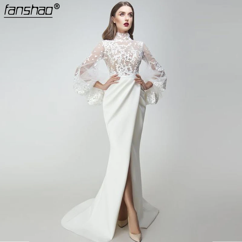 2019 Muslim Wedding Dresses Lace High Neck High Slit Lantern