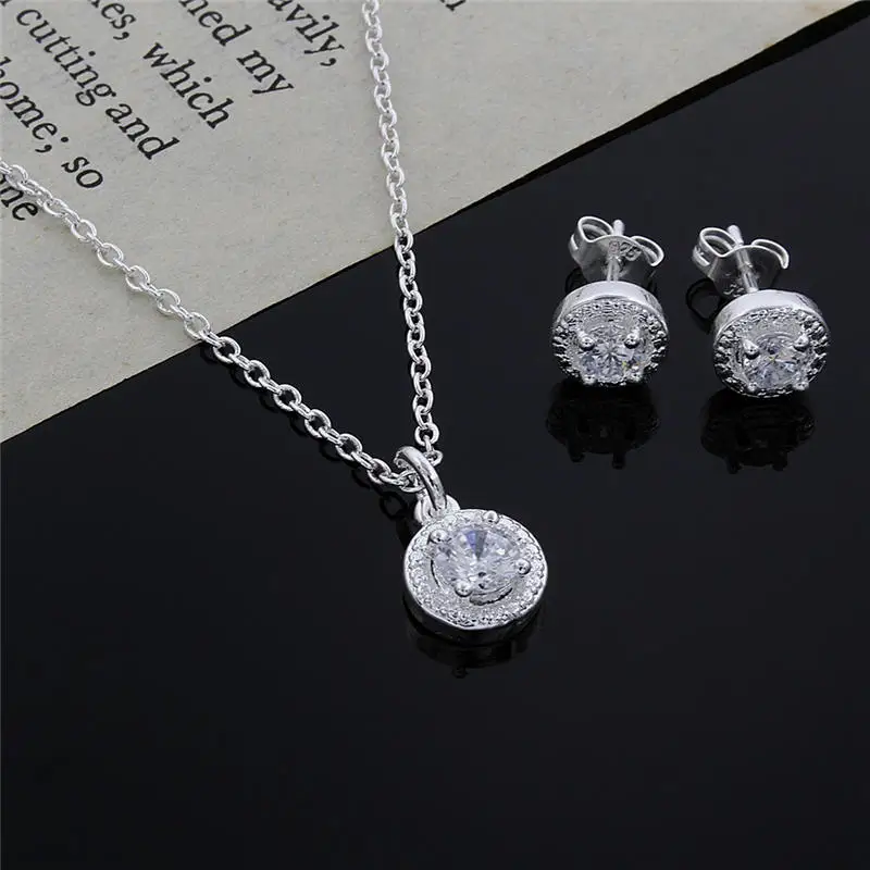 

GNIMEGIL Women's Fashion 925 Sterling Silver Round Crystal Pendant Necklace+Stud Earrings Wedding Jewelry Sets for Ladies