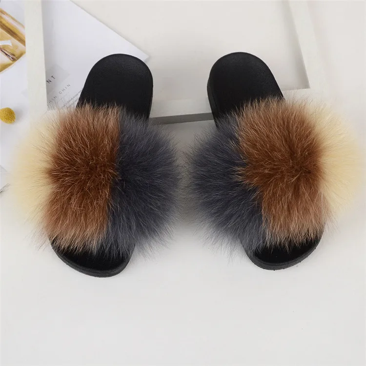 Women Fox Fur Slippers Real Fox Fur Slides Lovely Plush Slippers Woman Summer Home Sandals Women Fur Slides Furry Flip Flops Hot