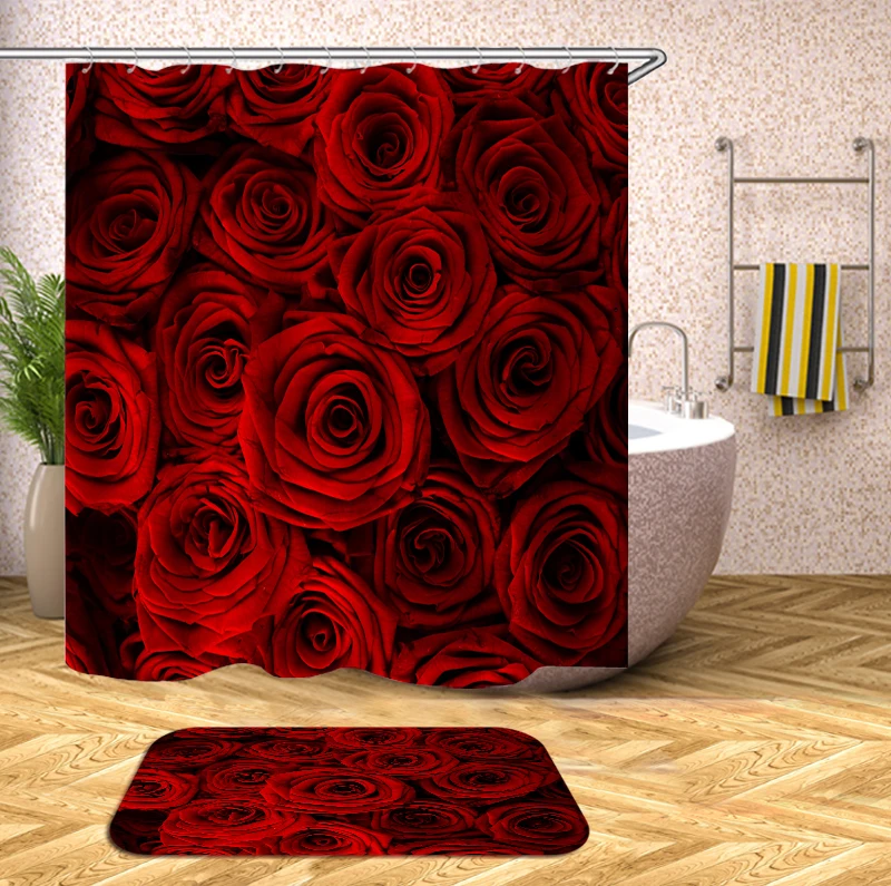 

Red Rose Printing washable bath curtains screen for bathroom decoration polyester fabric shower curtain