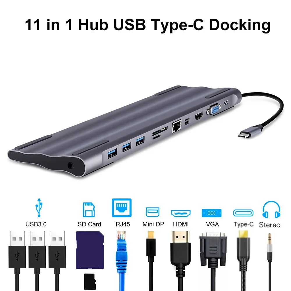 

11 in 1 Multi USB C HUB HDMI VGA USB 3.0 RJ45 SD Card Reader 3.5mm Audio Adapter For Surface Pro 6 Type C HUB