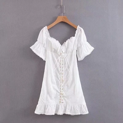 Цветное белое сексуальное винтажное вышитое мини-платье, летнее облегающее пляжное платье с оборками спереди на шнуровке с открытой спиной - Цвет: Белый