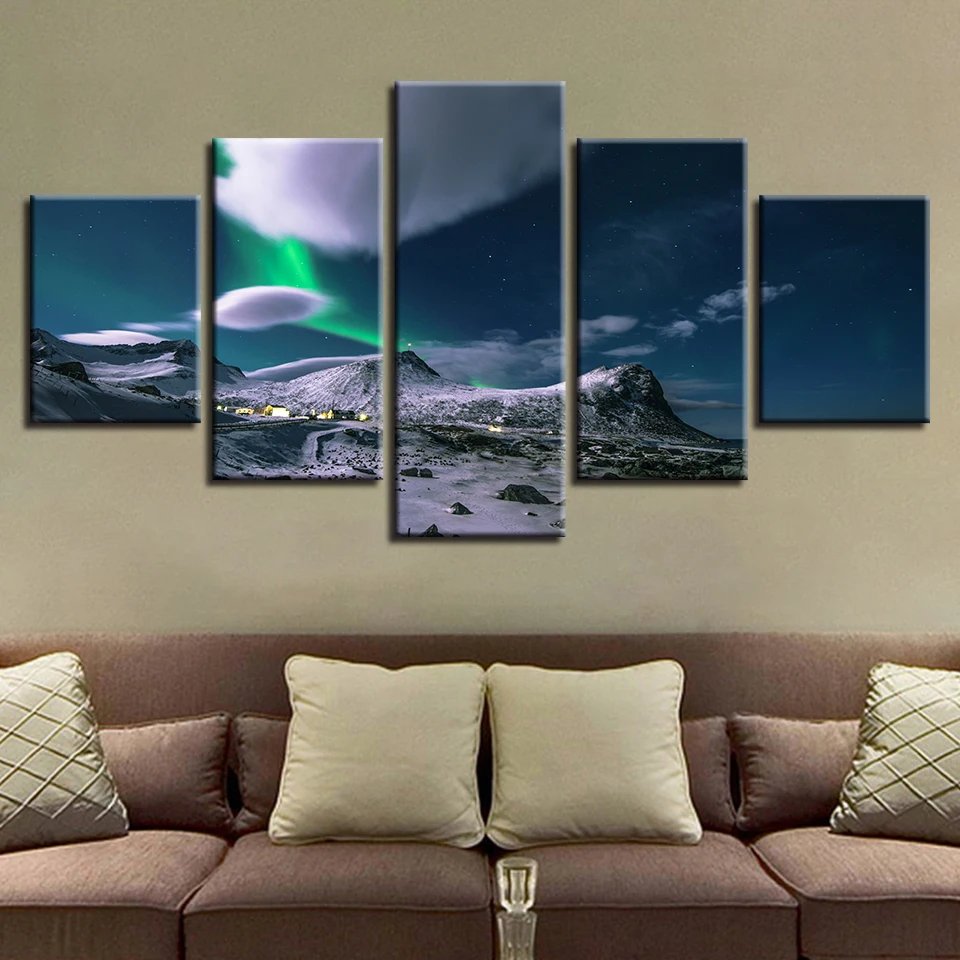 

Wall Art HD Printing Pictures Framework 5 Pieces Mountain Auroras Night Scene Posters Modular Canvas Painting Decor Living Room