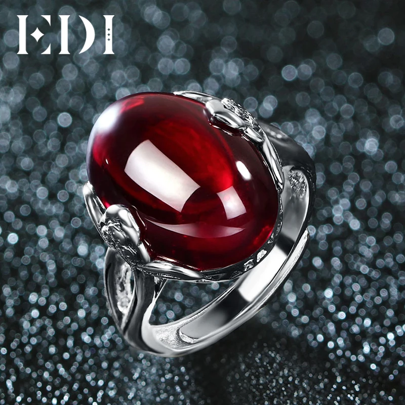 

EDI Vintage Retro Garnet Chrysoprase Agate Adjustable Finger Ring For Women Round Wedding Bands 925 Sterling Silver Jewellery