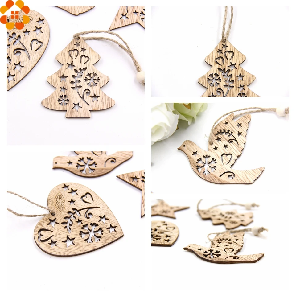 12 шт. DIY Сердце& Звезда& Дерево& Птица Деревянные Подвески, украшения для рождественской елки украшения для дома свадьба/Рождественская вечеринка украшения детский подарок