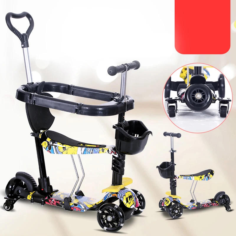 Children's baby scooter kids 5 in 1 PU 3 wheel flashing swing car lift stroller