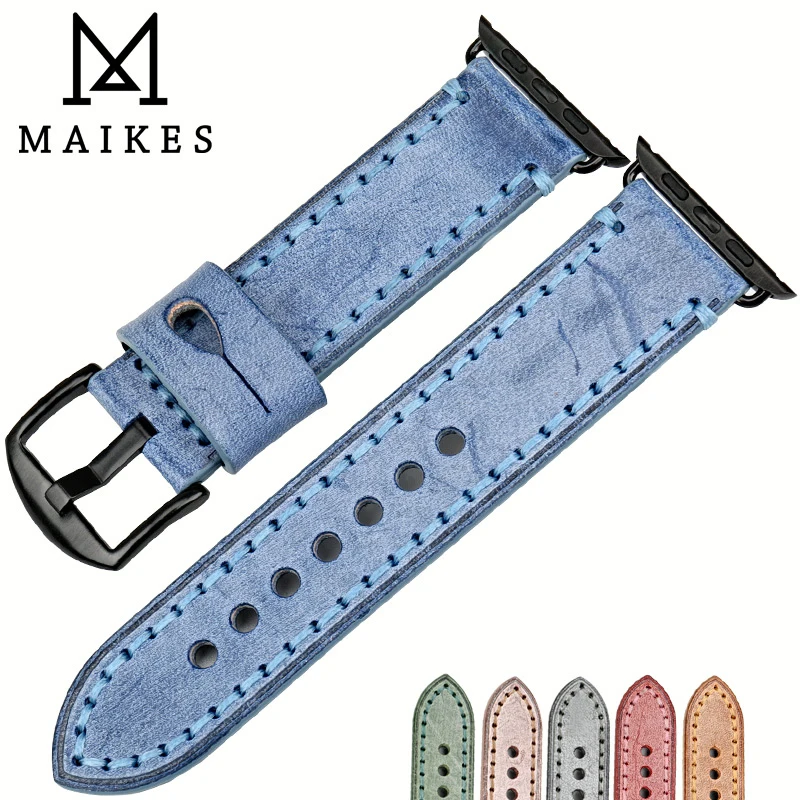Ремешок MAIKES кожаный для Apple Watch Band 44 мм 40 42 38 Series 6 5 4 3 2 1|blue leather watch strap|strap for apple watchwatch