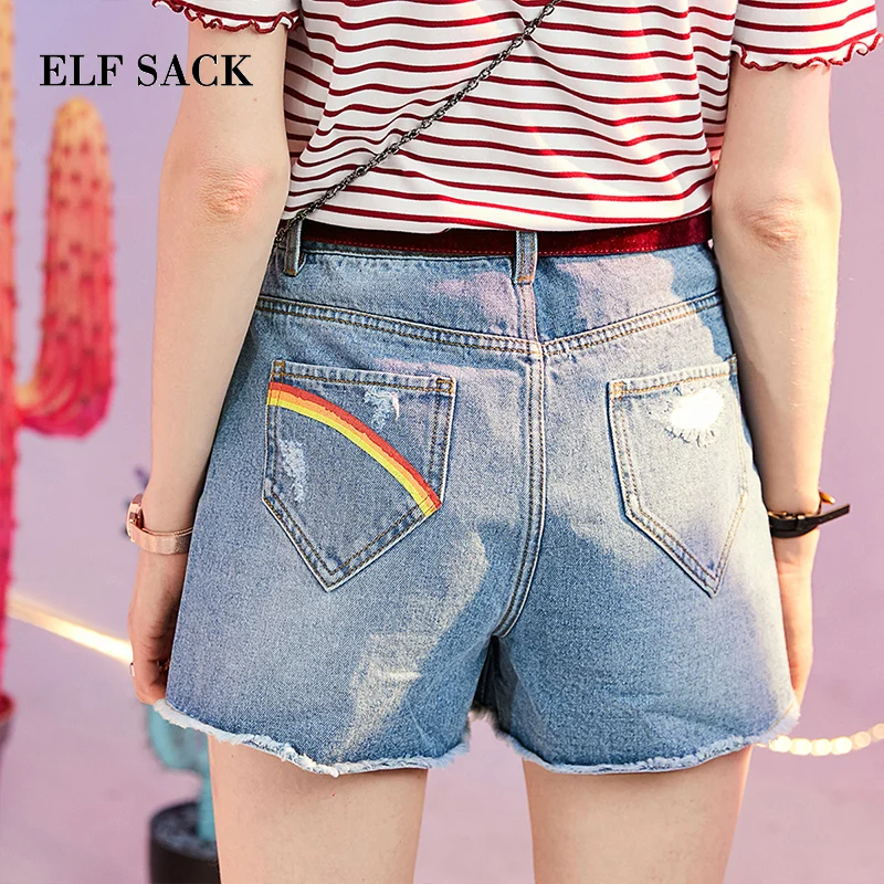 Женские джинсовые шорты ELF SACK, небесно-голубые хлопчатобумажные шорты с потертостями, с карманами, с радужным принтом, уличная одежда, летние