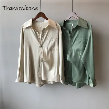 

Satin Silk Women Blouse Shirt 2019 Autumn Cotton Long Sleeves Blouse Femme Office Shirts Elegant Work Silk Blouse Y0301