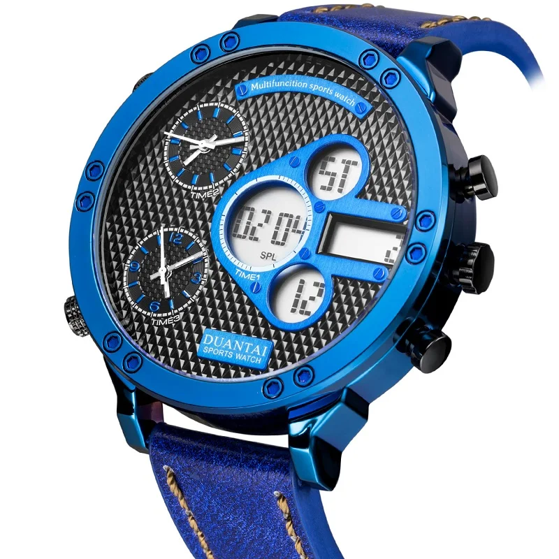 

DUANTAI Mens 2019 New Fashion Large size Multifunction Watch Three Time Display Symphony Glass Led Digital Watch Men Sport Watch