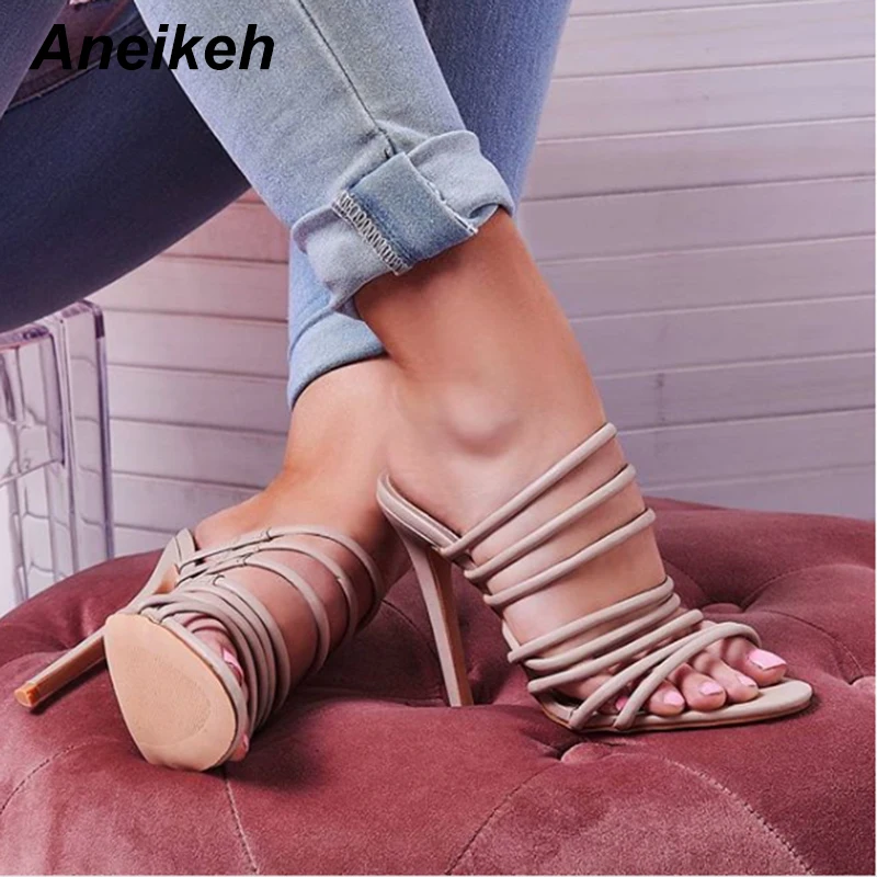 

Aneikeh Fashion Women PU Ankle Narrow Band Sandals Slippers Cut Out Gladiator Open Peep Toe Sandals High Heel Stiletto Pumps