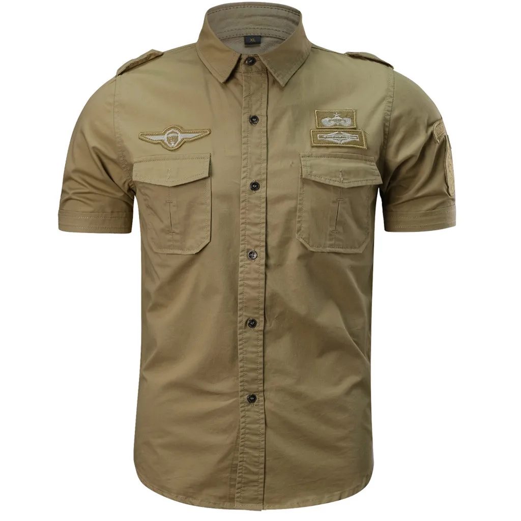 Dress Shirt Men Summer Shirt Men Plus Size Casual Fashion Military Pocket Short Sleeve Slim Fit Shirt Tops Blue Modis Clothing