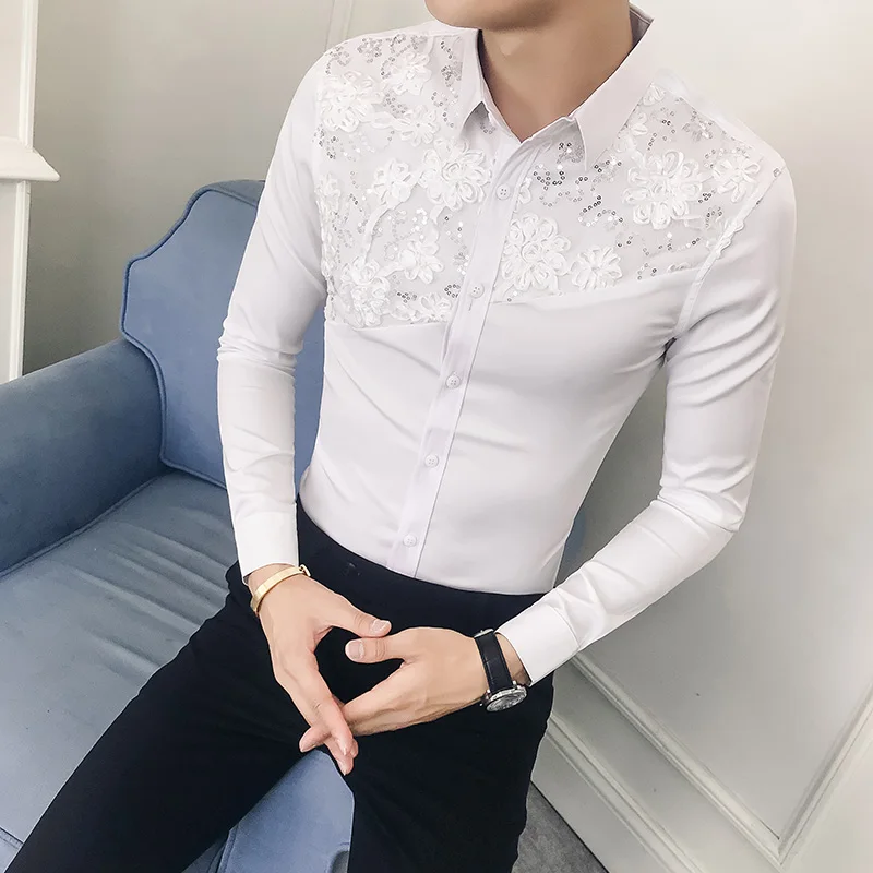 2019 Spring Shirt Men Sexy Lace Patchwork Men Shirt Long Sleeve Brand New Camisa Masculina Slim Fit Streetwear Prom Tuxedo 3XL