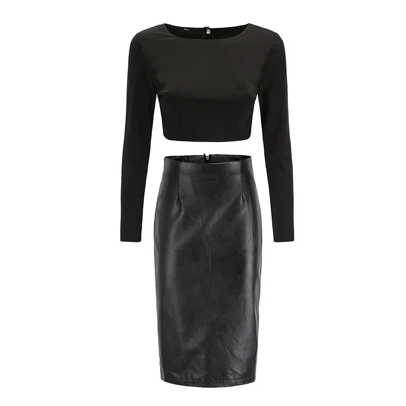 

Zebery New 2pcs/set Pu Leather Women's Set Sexy Long Sleeve Backless Short Style Top+Sexy Pencil Pu Leather Skirt Women's Set