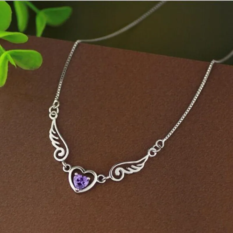 

Hot Korean Fashion Simple 925 Sterling Silver Jewelry Angel Lovers Purple Crystal Pendant Clavicle Chain Necklace H1