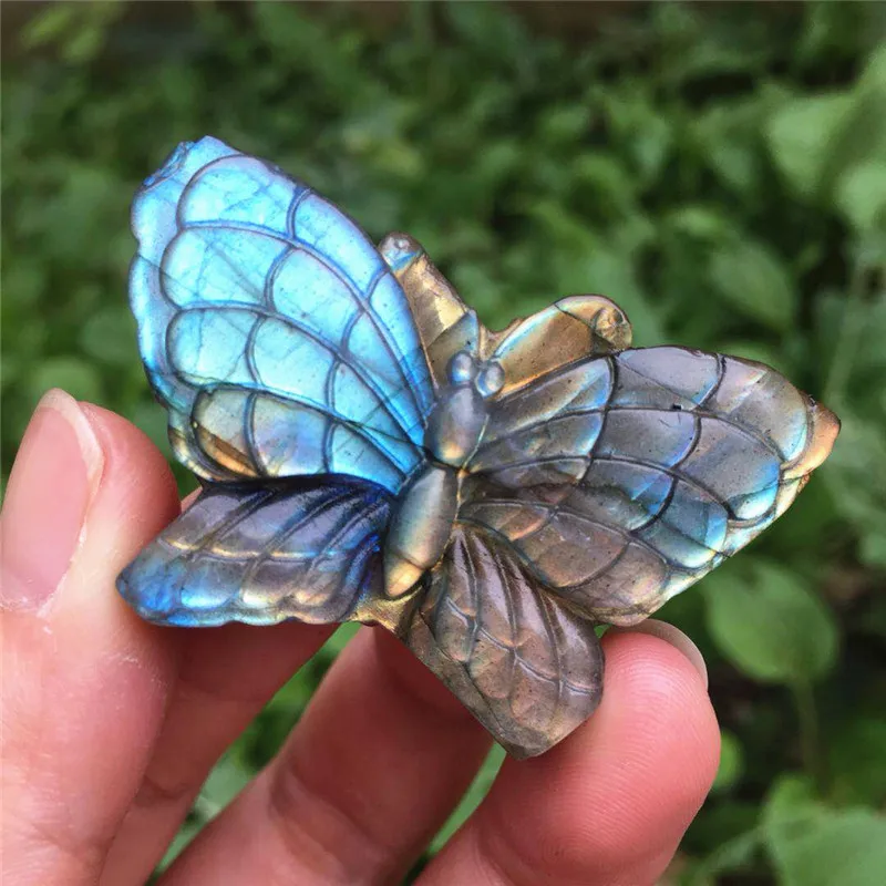 Натуральный Синий Лабрадорит ручная Скоба Сова и полированный кристаллический камень бабочка